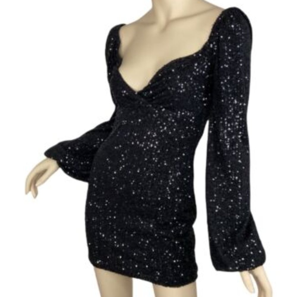 Fashion Nova Black Sequin Cocktail Party Mini Dress Long Sleeves Size Medium